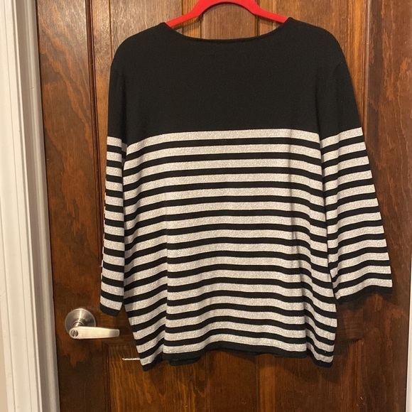 Alfred Dunner Black and Metallic Silver Striped Top with Embellished Neckline - Picture 5 of 5